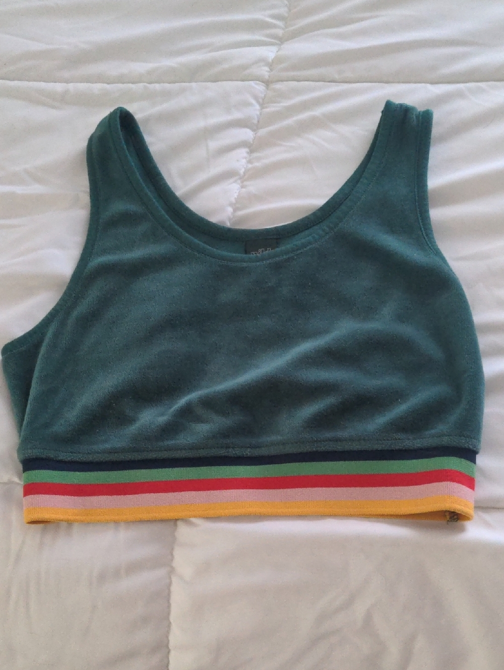 Teal Green Knit Top velour cropped tank top featuring a rainbow-striped band.